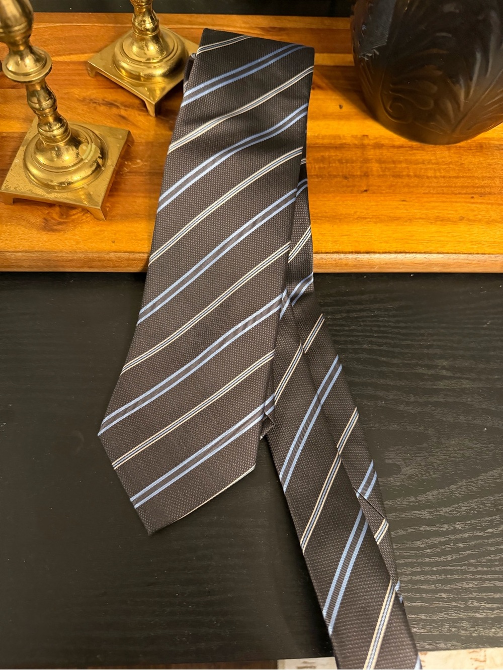 100% silk Men's Striped Tie with Light Blue and Silver Lines